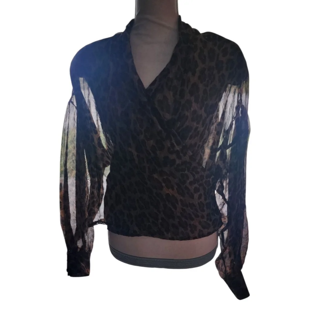Vintage 80s Portara Leopard Print Sheer Wrap Blouse Size S 38 German Designer